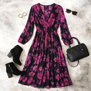 Black Pink Floral Split Sleeve Sparkle Maxi Dress